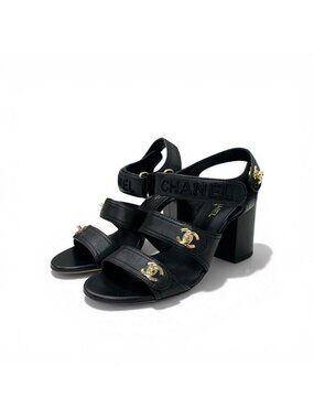 Chanel Sandals Shoes Leather Black Gold CC Logo Turnlock Velcro Strap